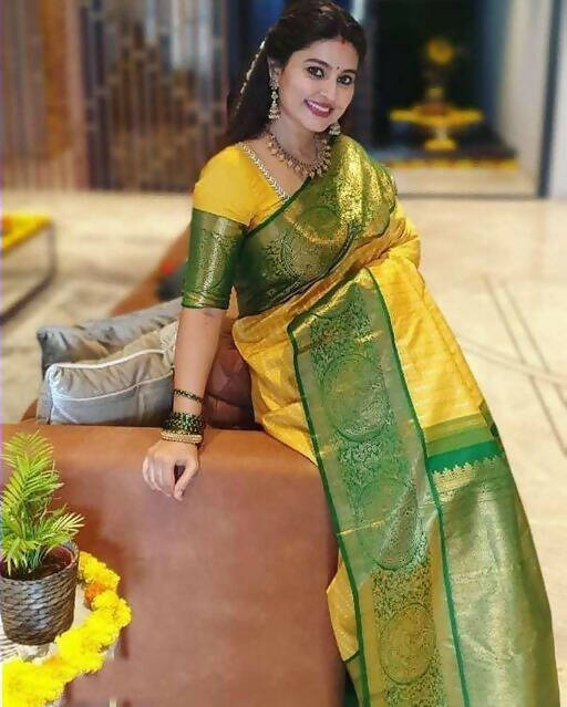 DEIANA'S Beautiful Designer Golden zari Soft Lichi Silk Saree - Yellow | Grocsy