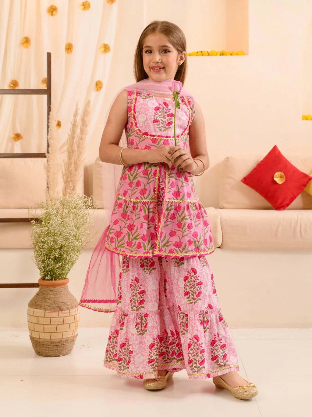 Joban Fashion Girl's Pink Color Sharara Set | Grocsy