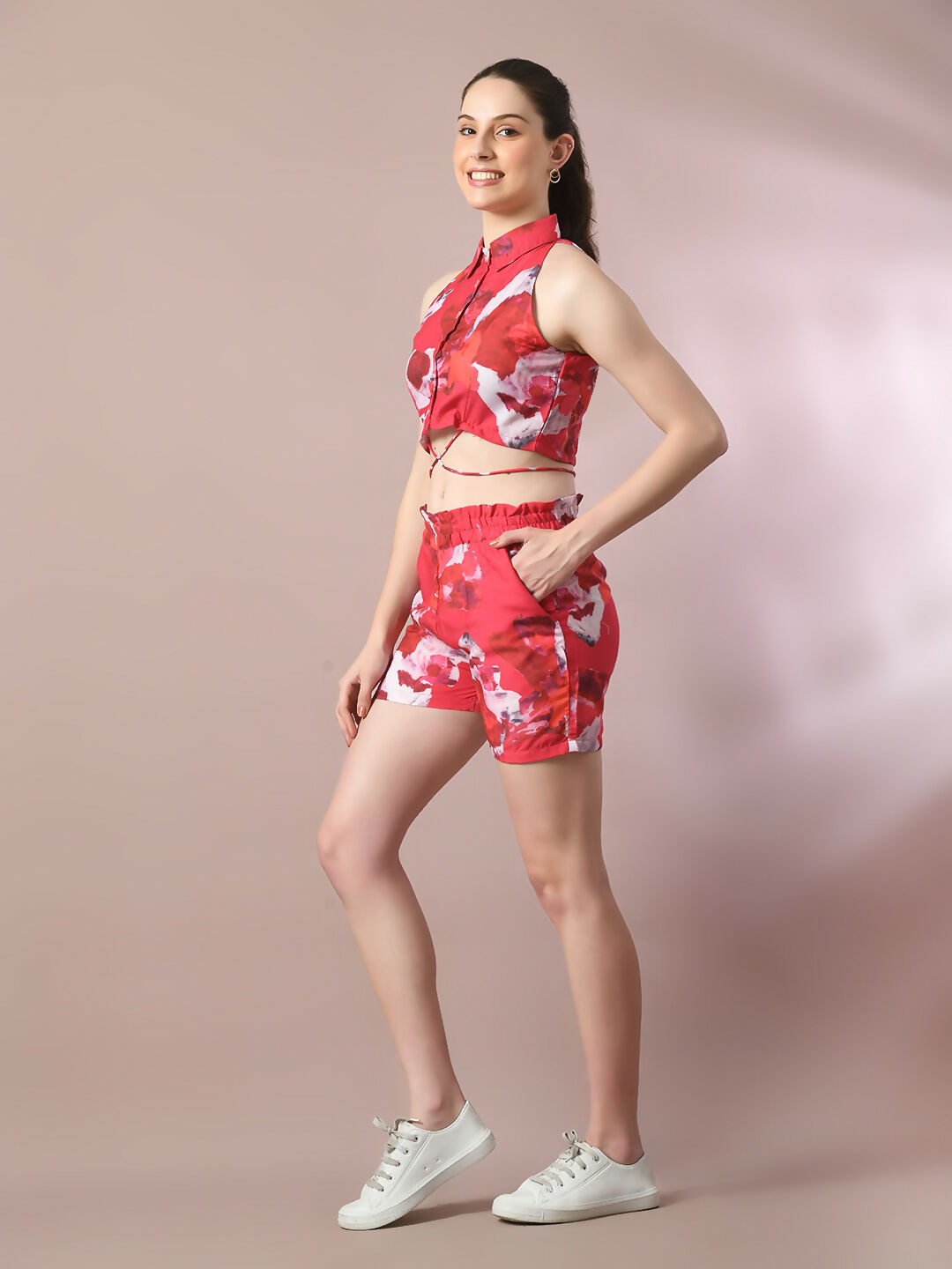 Myshka Women's Multi Printed Shirt Collar Party Top With Shorts Co-ord set | Grocsy