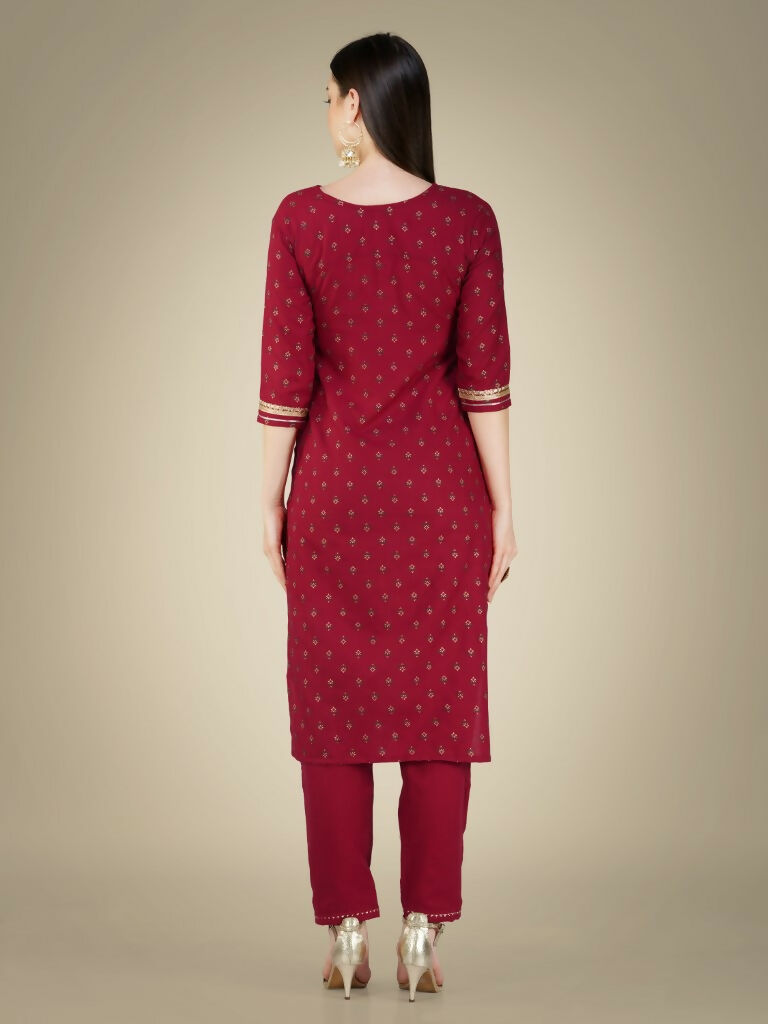 Jyoti Fashion Women's Maroon Cotton Magic Slub Embroidery & Sequence work Kurta with Trouser & Dupatta | Grocsy