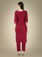 Jyoti Fashion Women's Maroon Cotton Magic Slub Embroidery & Sequence work Kurta with Trouser & Dupatta | Grocsy