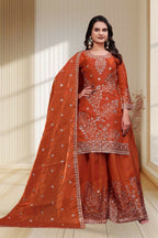Teeya Creation New Trendy Stylish Rust Orange Embroidered Silk Sharara Suit Set With Dupatta | Grocsy