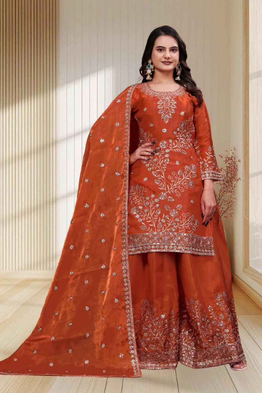 Teeya Creation New Trendy Stylish Rust Orange Embroidered Silk Sharara Suit Set With Dupatta | Grocsy