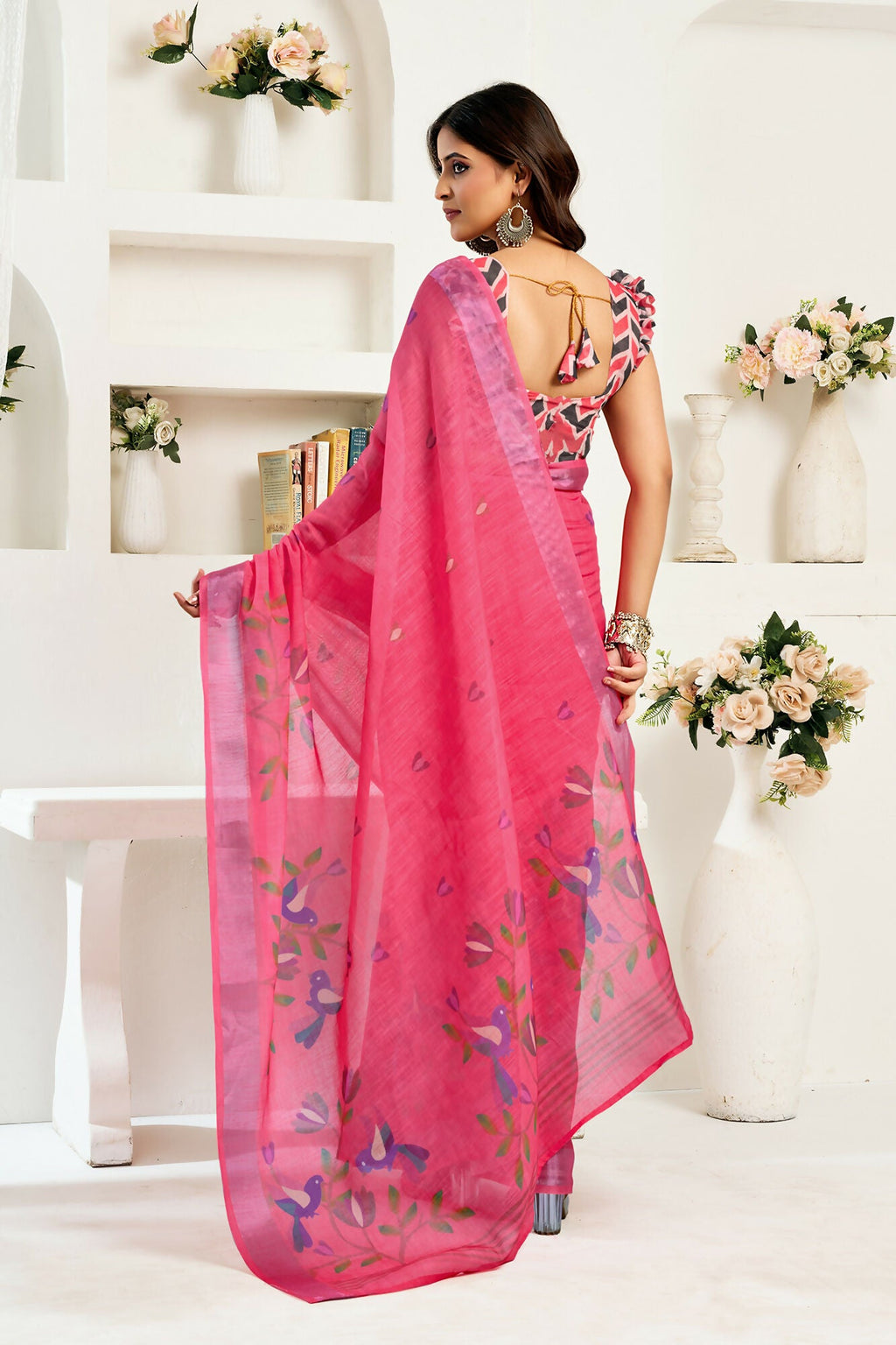 Vastranavya Pink Digital Printed Linen Ready To Wear Designer Saree with Unstitched Blouse | Grocsy
