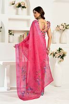 Vastranavya Pink Digital Printed Linen Ready To Wear Designer Saree with Unstitched Blouse | Grocsy