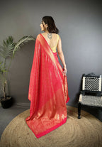 Joban Fashion Ruby Pink Floral Motifs & Ethnic Design Soft Satin Silk Kanchipuram Saree | Grocsy