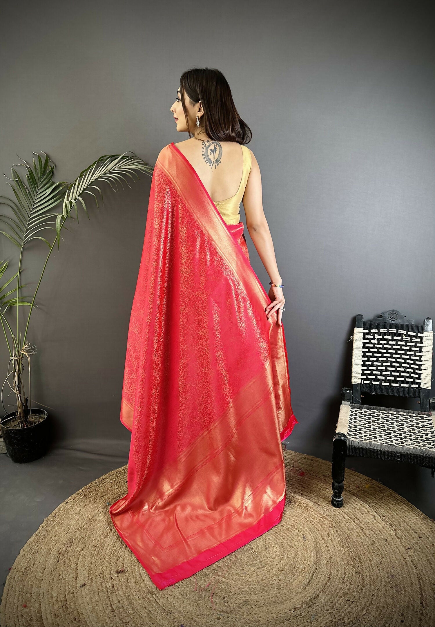 Joban Fashion Ruby Pink Floral Motifs & Ethnic Design Soft Satin Silk Kanchipuram Saree | Grocsy