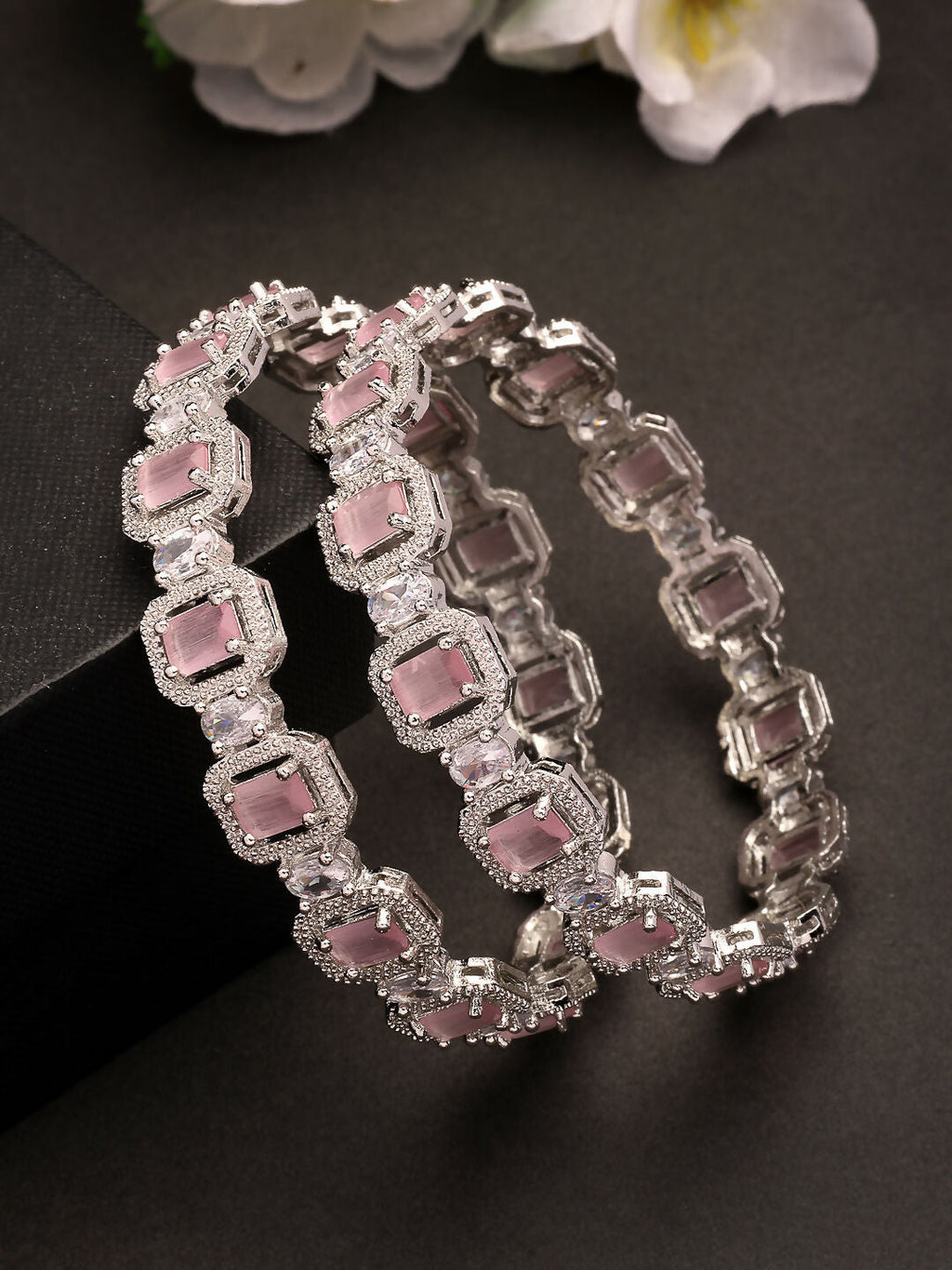 NVR Women's Set of 2 Silver-Plated Pink AD-Studded Bangles | Grocsy