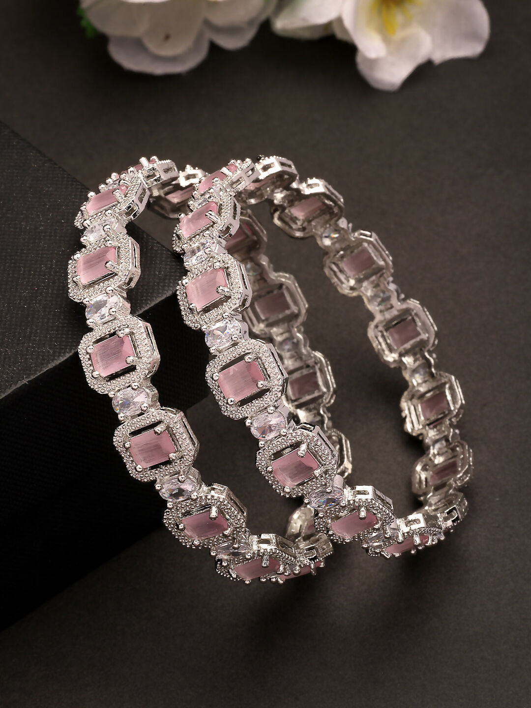 NVR Women's Set of 2 Silver-Plated Pink AD-Studded Bangles | Grocsy