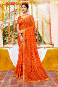 Orange Georgette Foil Printed Saree with Unstitched Blouse piece - Avika | Grocsy