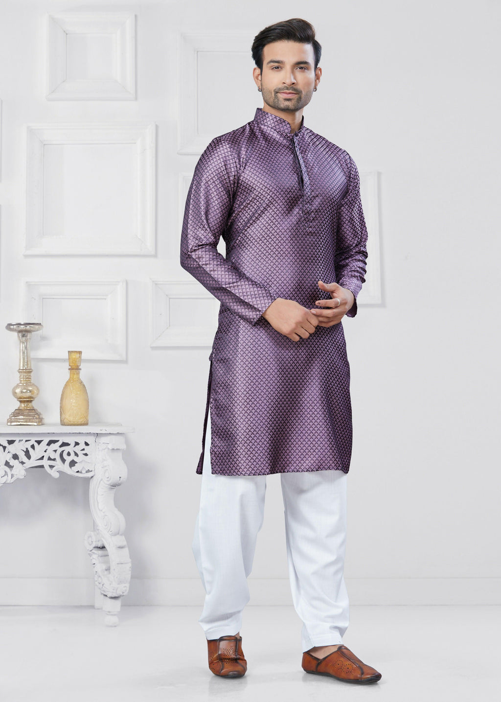 Joban Fashion Men's Jacquard Silk Purple Printed Kurta Pyjama set | Grocsy