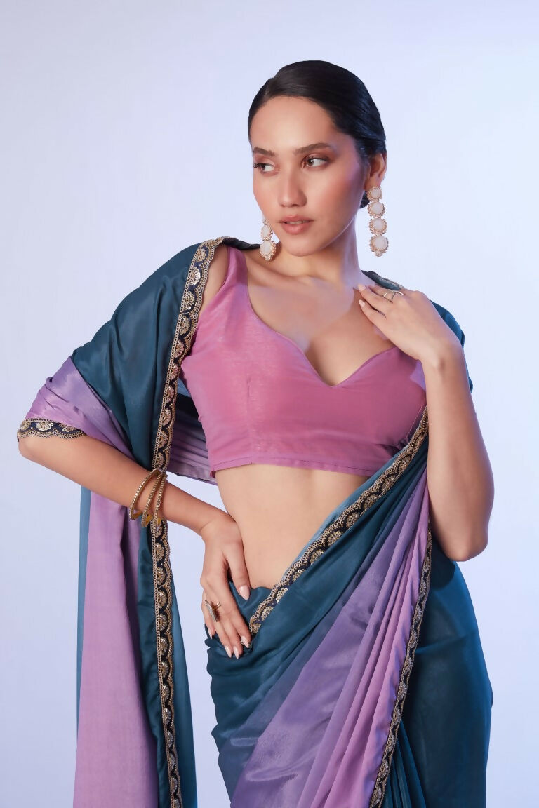 Teal Blue Chinon Solid Designer & Lace Work Saree - Samaa | Grocsy