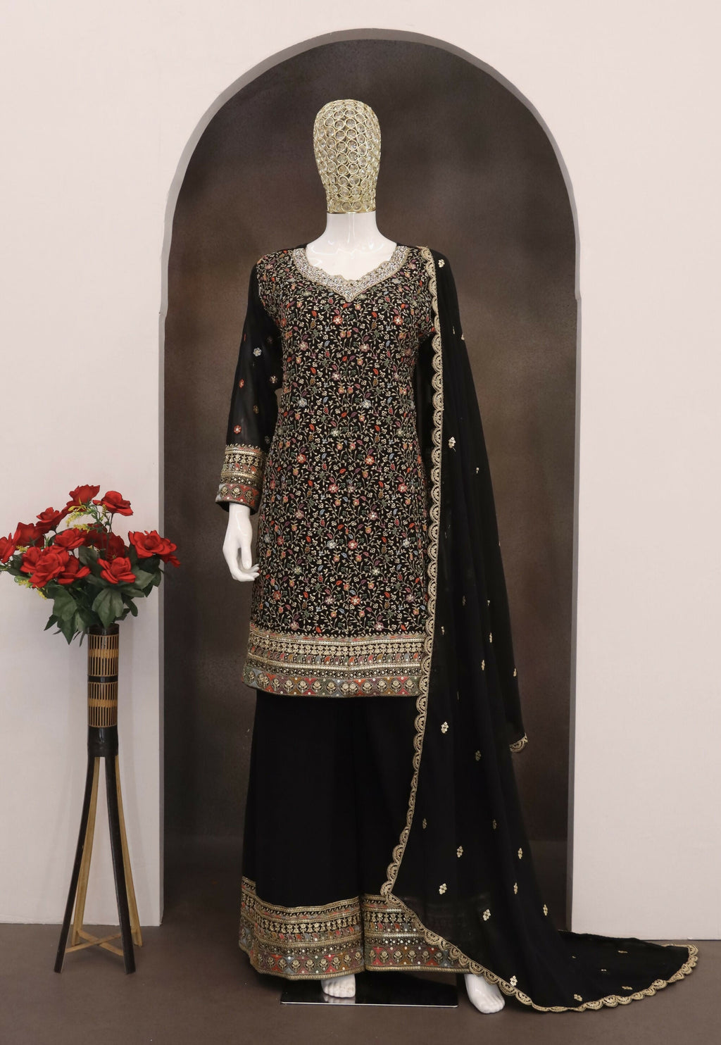 Anaita Black Embroidered Faux Georgette Unstitched Plazo Suit | Grocsy