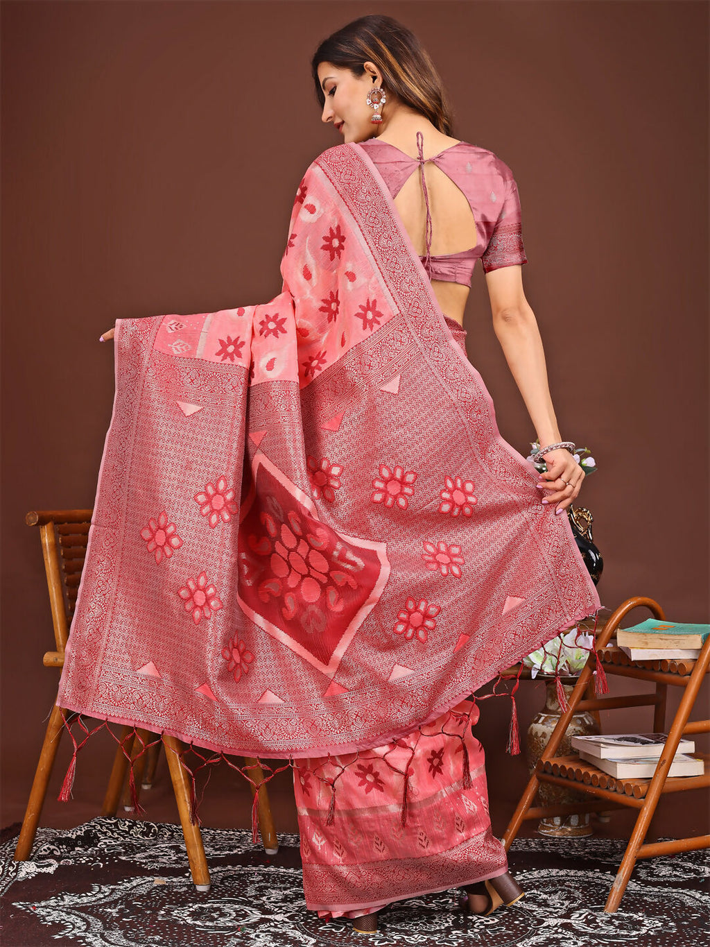 Shree Shyam Fashion Sajni Peach Linen Cotton Saree | Grocsy