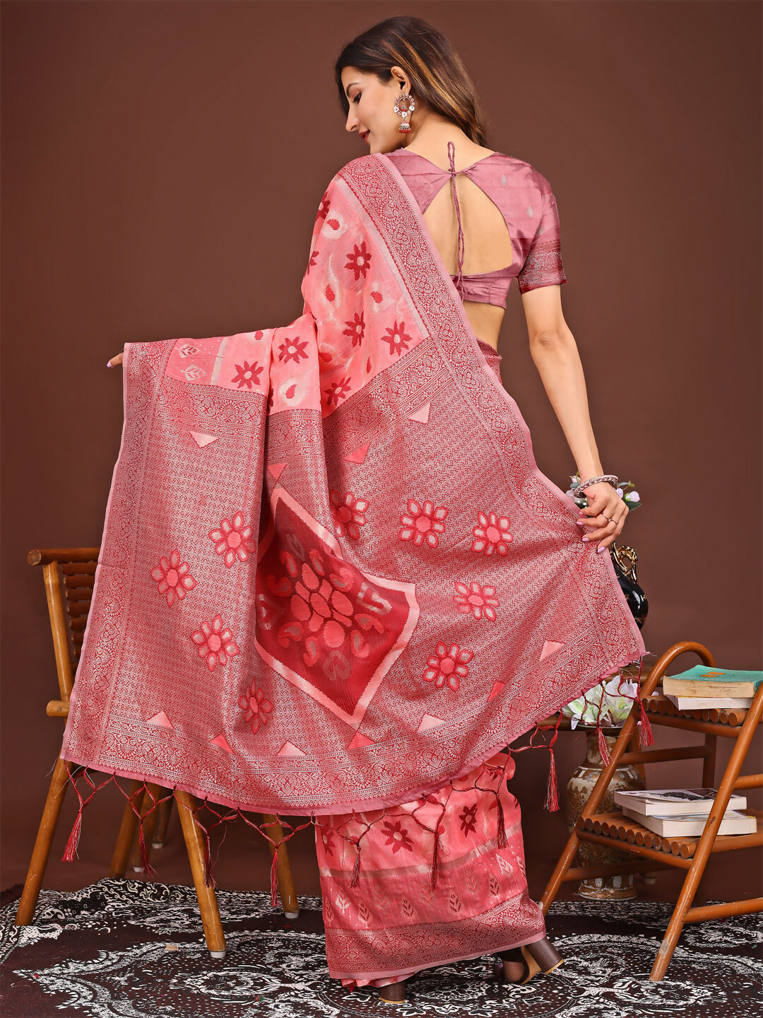 Shree Shyam Fashion Sajni Peach Linen Cotton Saree | Grocsy