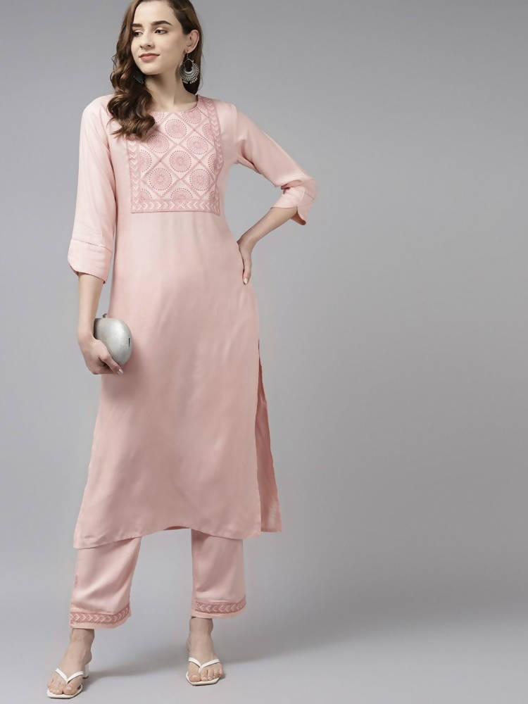 Yufta Women Pink Ethnic Motifs Yoke Design Thread Work Kurta with Palazzo | Grocsy