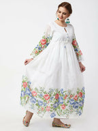 Cheera Women Stylish Hand Chikenkari And Digital Printe Cotton Organza Flared Anarkali Kurta - White | Grocsy