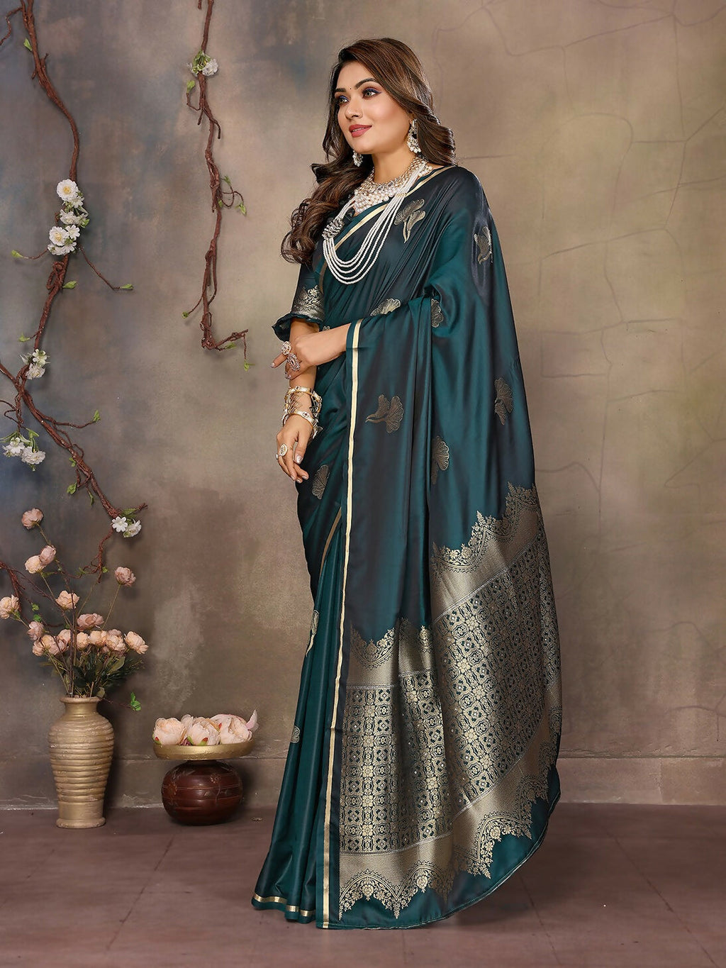 Joban Fashion Teal Floral Motifs Banarasi Silk Sarees | Grocsy