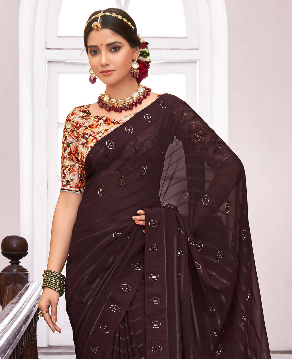 Brown Georgette Swaroski Work Saree With Unstitched Blouse Piece - Juhi | Grocsy