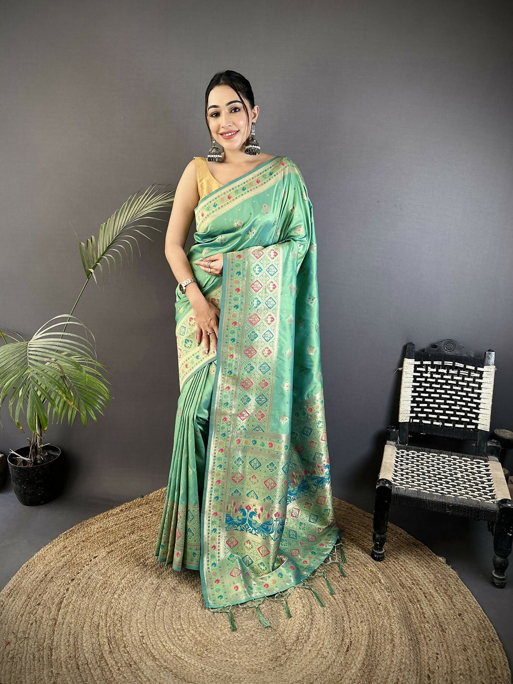 Joban Fashion Sea Green Geometric Pattern Soft Silk Patola Saree | Grocsy