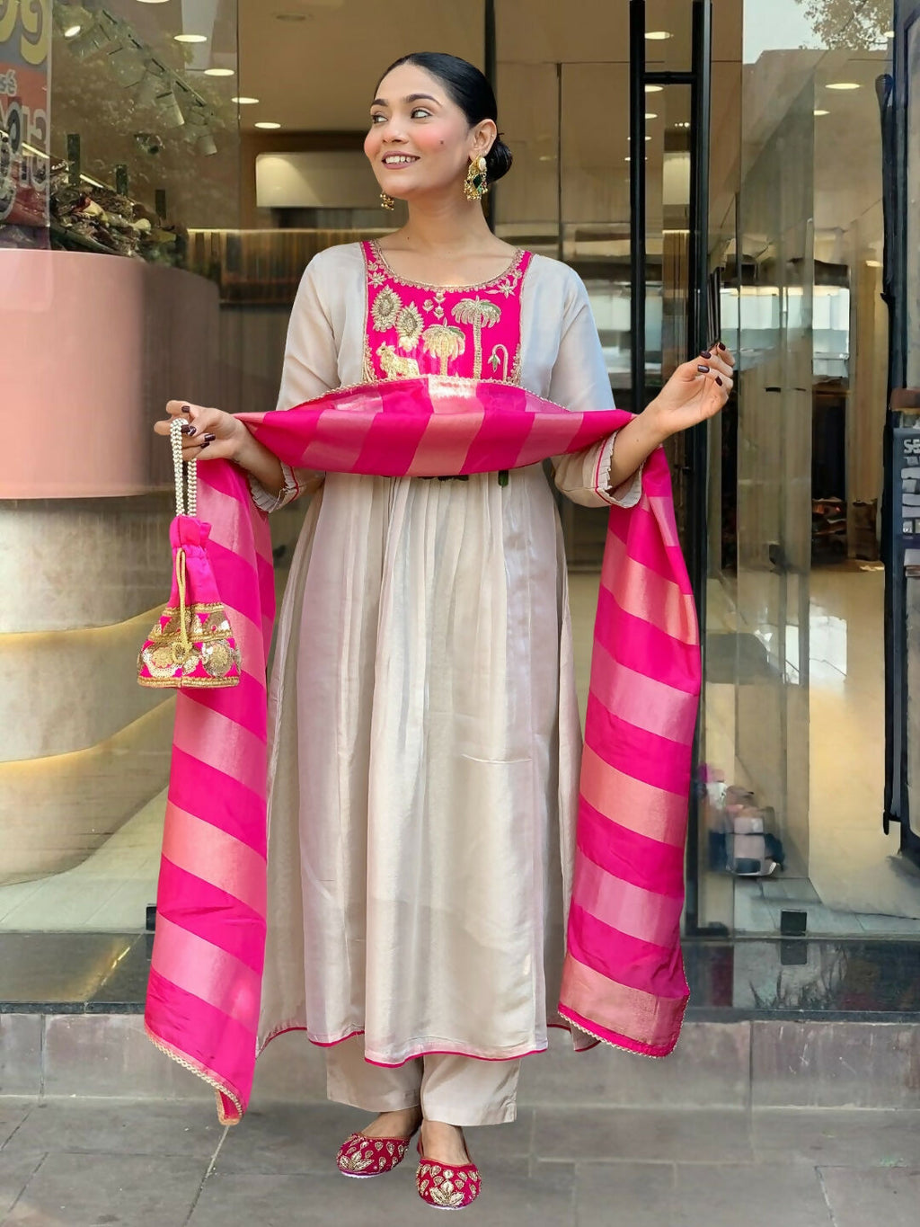 The52 Women's Gorgeous Embroidery Work Silk Fabric Flared Anarkali Pant and Dupatta Set-White | Grocsy