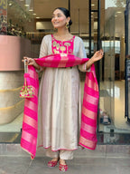 The52 Women's Gorgeous Embroidery Work Silk Fabric Flared Anarkali Pant and Dupatta Set-White | Grocsy