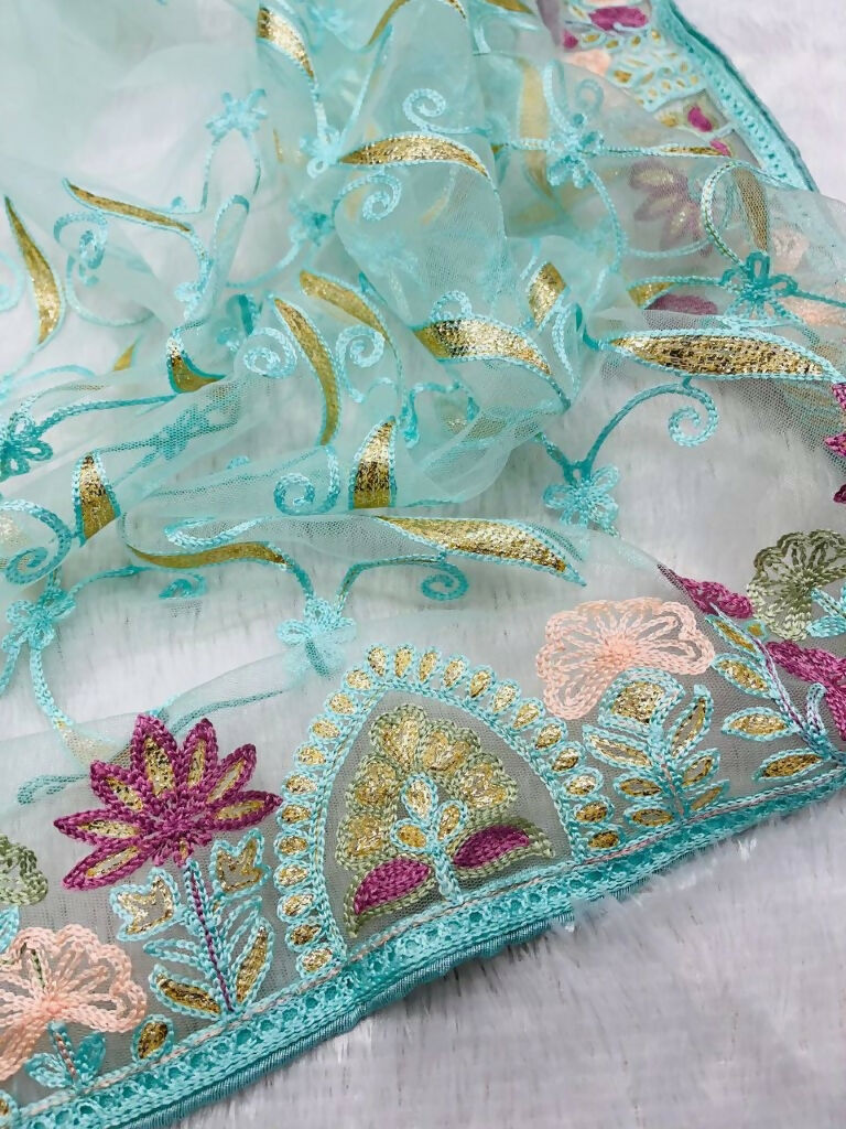 Vastranavya Soft Crush Georgette With Embroidery and Foil Multi Thread Work Saree - Turquoise | Grocsy