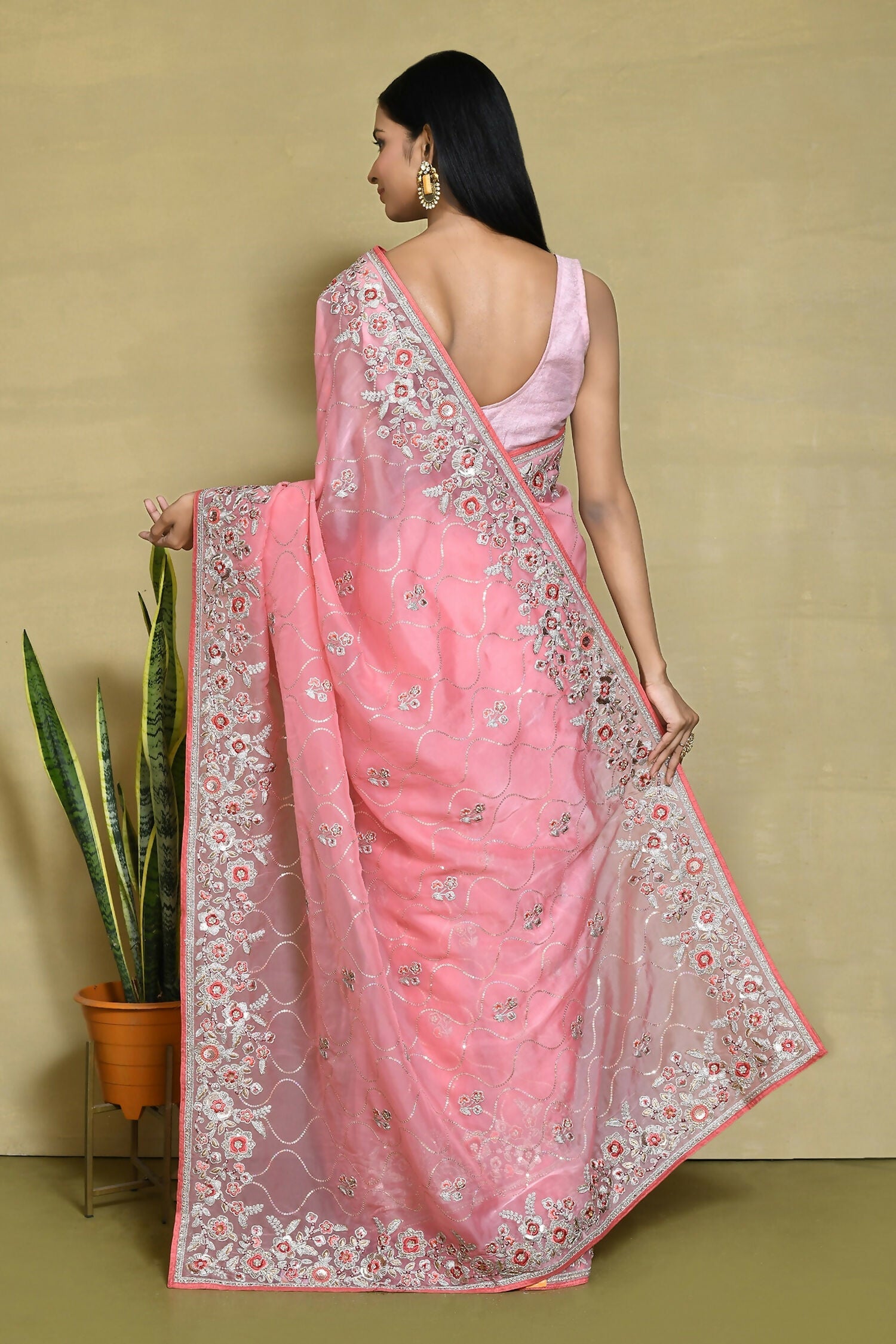 Pink Organza Satin Silk Sequence Embroidered with Stone work Saree - Nimaya Benzy | Grocsy