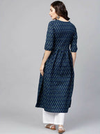 Vamika Printed Cotton Blue Party Wear/Casual Wear Women Kurta Set/Suit | Grocsy