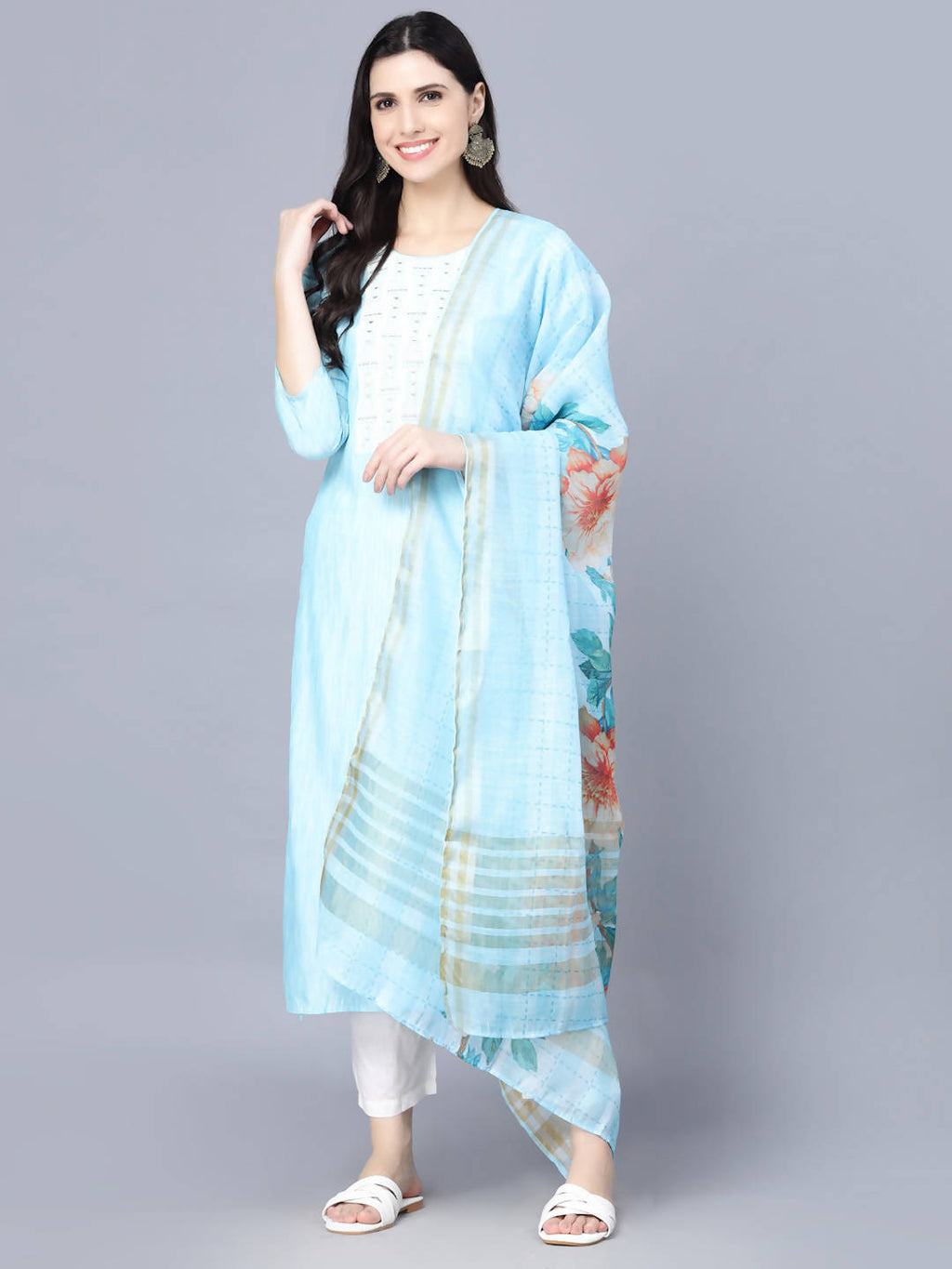 Myshka Women Turquoise Blue Panelled Pure Cotton Kurta with Trousers With Dupatta | Grocsy