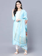 Myshka Women Turquoise Blue Panelled Pure Cotton Kurta with Trousers With Dupatta | Grocsy
