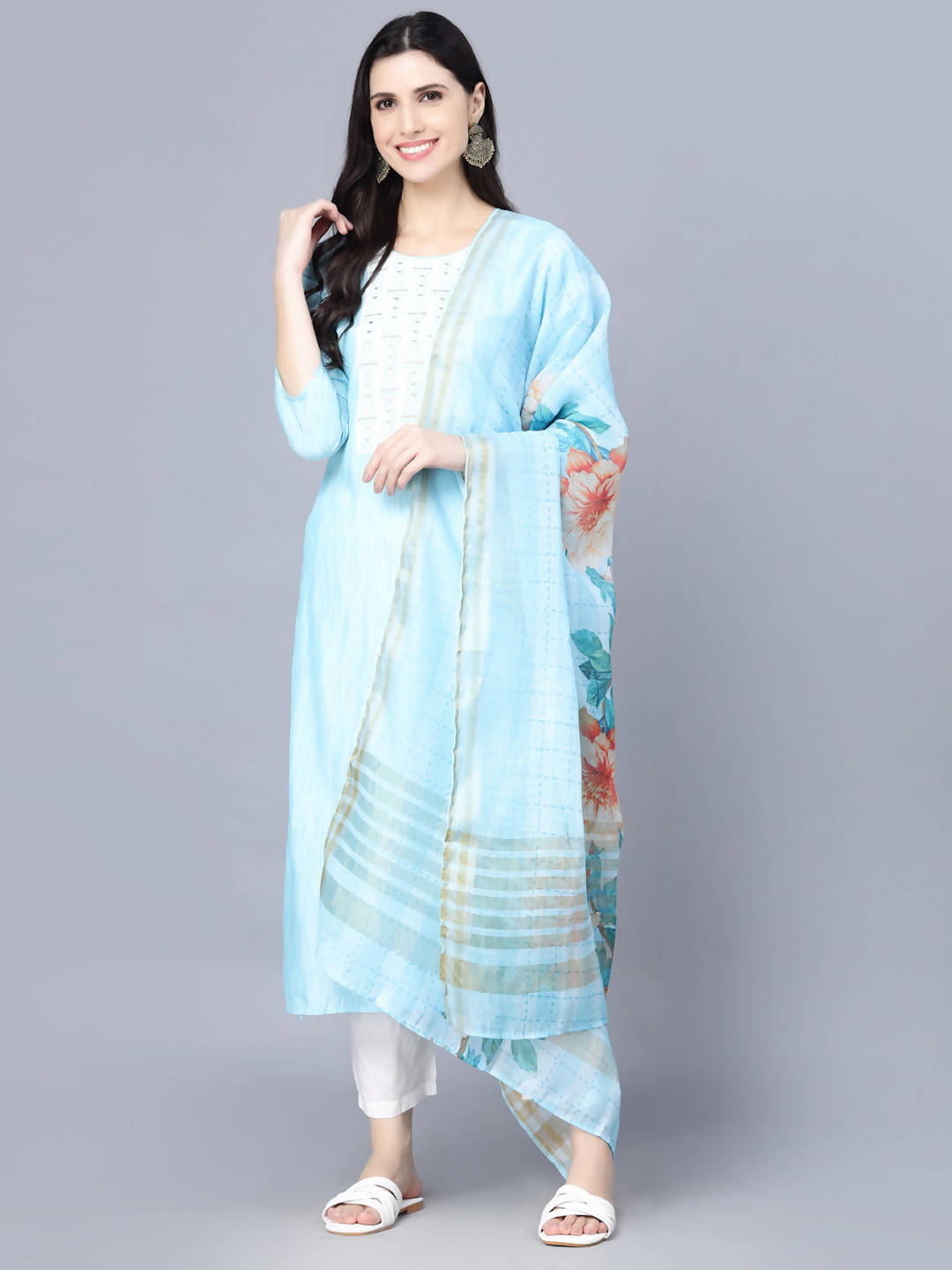 Myshka Women Turquoise Blue Panelled Pure Cotton Kurta with Trousers With Dupatta | Grocsy