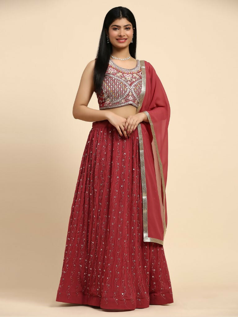 Red Georgette Embroidered Lehenga choli with Dupatta - Dhara | Grocsy