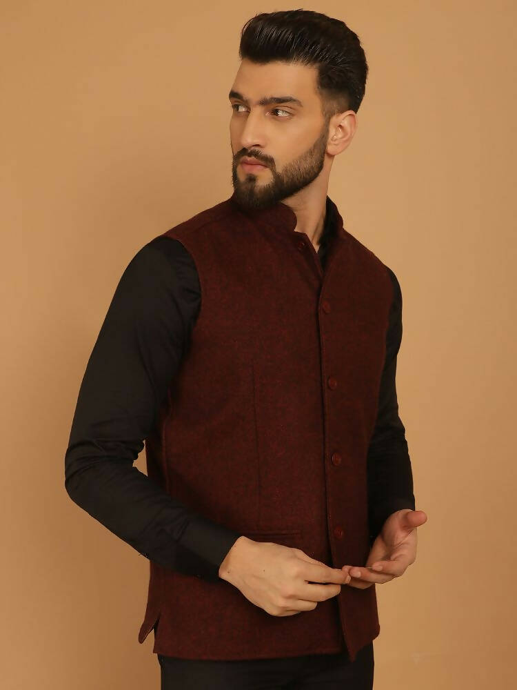 Even Apparels Pure Wool Nehru Jacket - Maroon | Grocsy