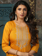 Vamika Chinon Embroidery Mustard Party Wear/Casual Wear/Office Wear Kurta Set/Suit | Grocsy