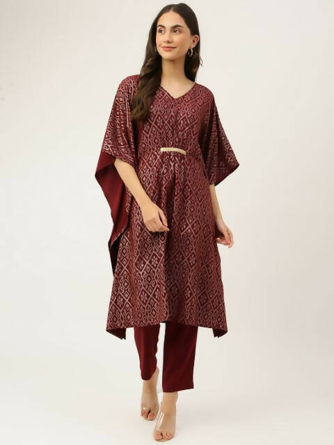 FIORRA Women's Maroon Poly Crepe Kaftan Type Kurta Set | Grocsy