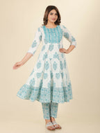 Aramya White Soft Cotton Block Print Anarkali Kurta Set for Women | Grocsy