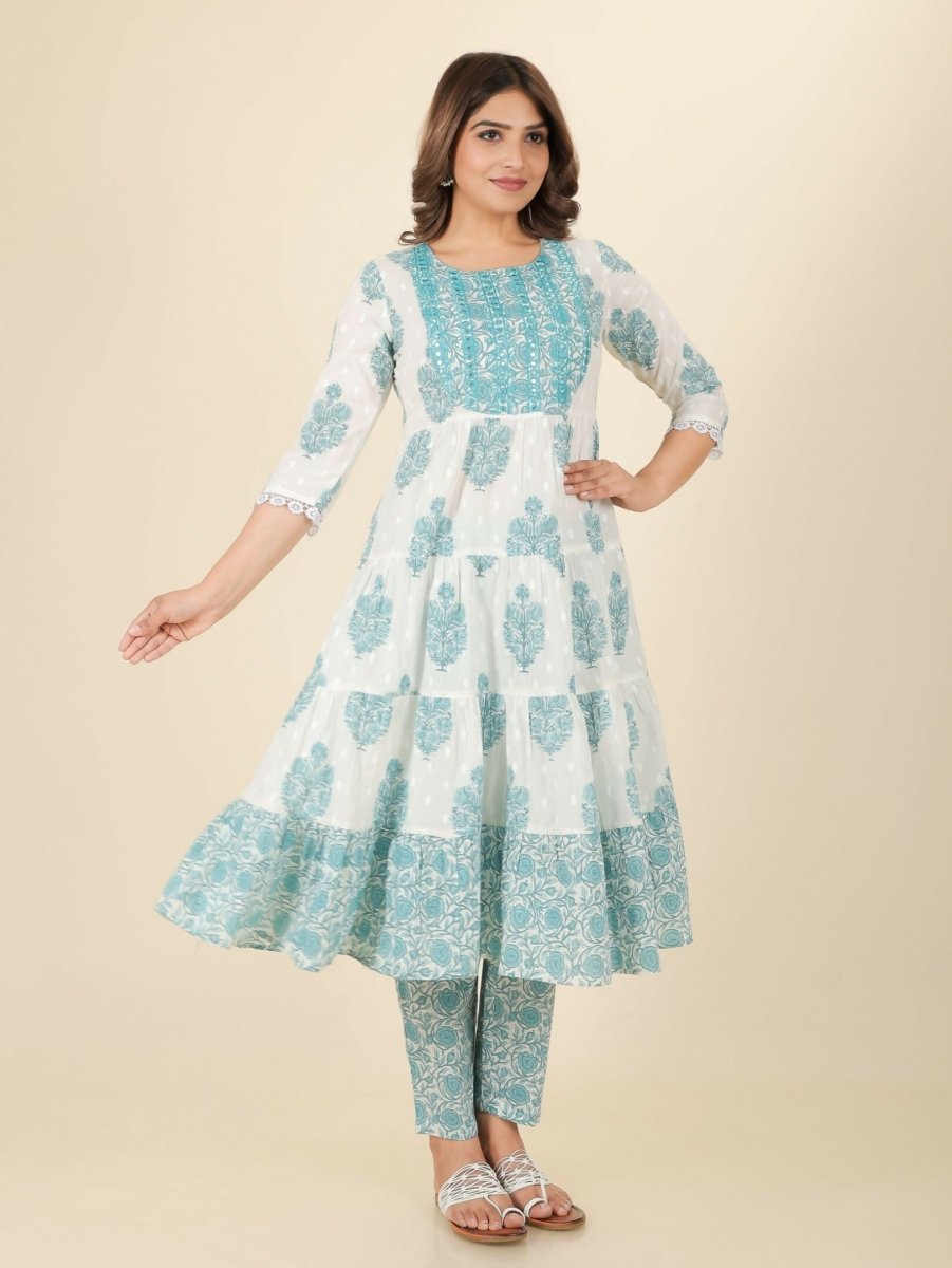 Aramya White Soft Cotton Block Print Anarkali Kurta Set for Women | Grocsy