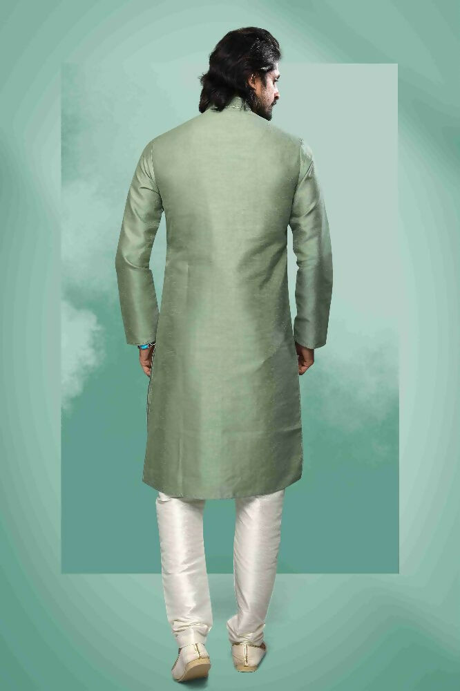 Raivat Ethnic Art Silk Mirror Embroidery Work Kurta Pajama In Light Green Colour | Grocsy
