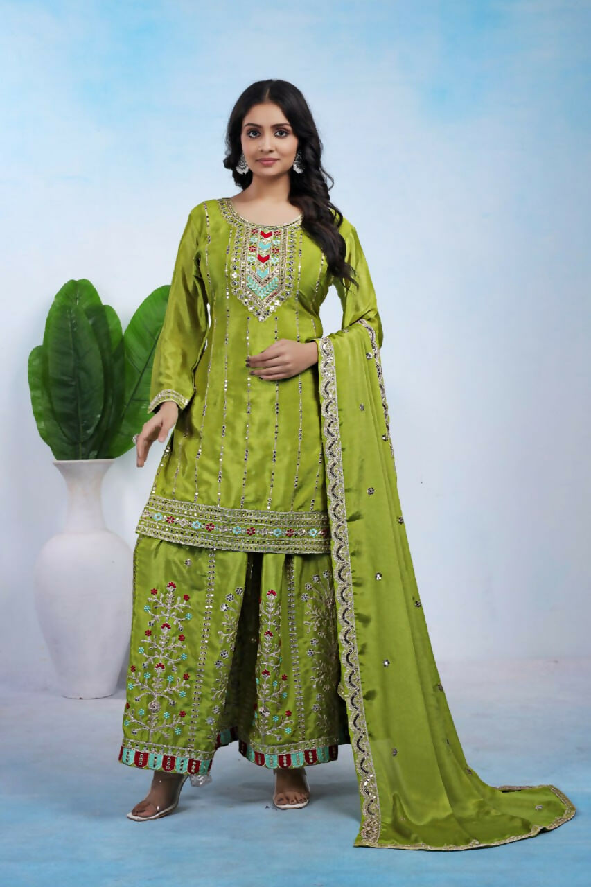 Teeya Creation Parrot Green Color Chinon Silk Wedding Wear Trending Palazzo Set | Grocsy
