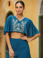 Janasya Teal Blue Georgette Yoke Embroidery Co-Ords | Grocsy