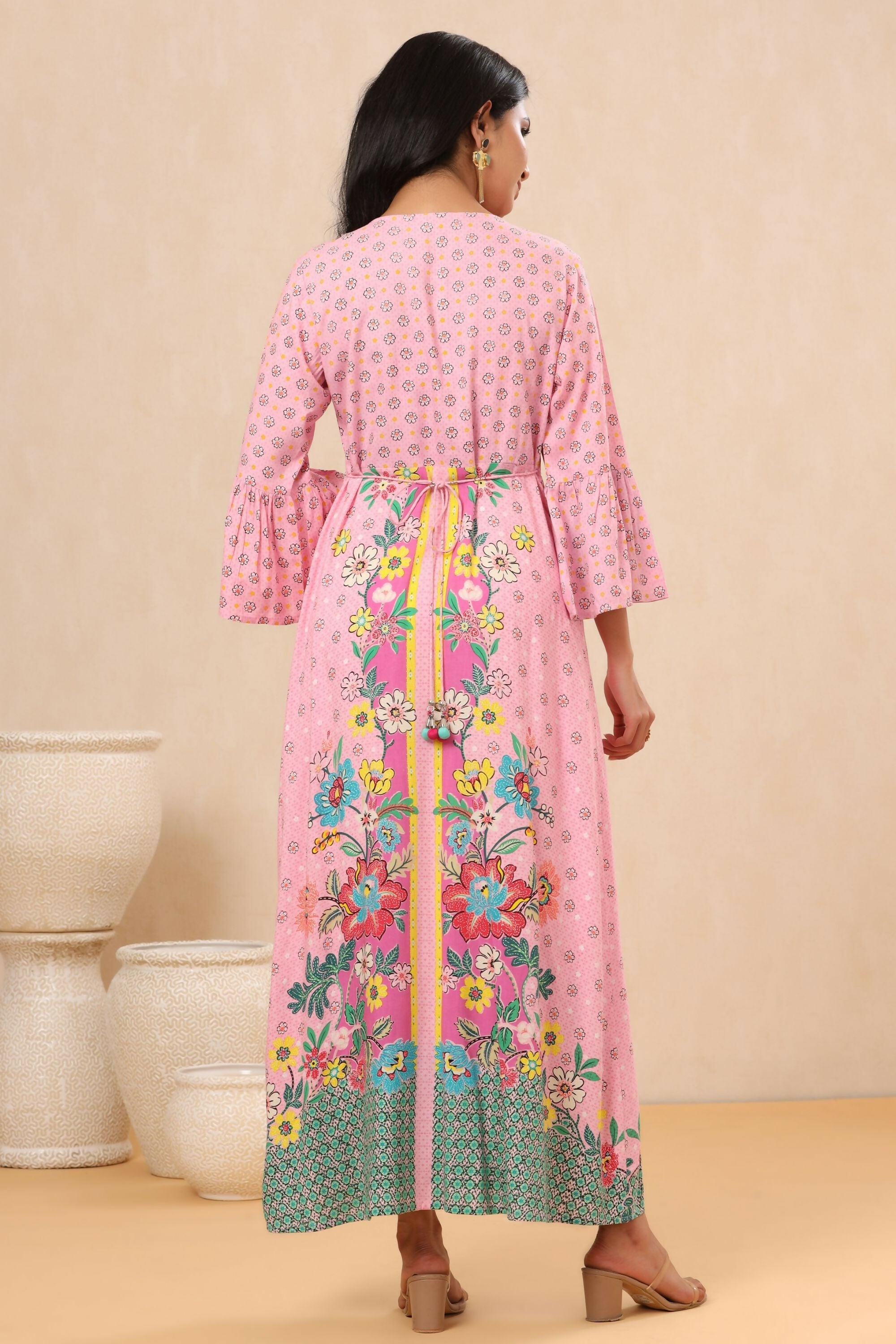 Juniper Pink Floral Printed Rayon Kurta With Buttons Closure At Back | Grocsy