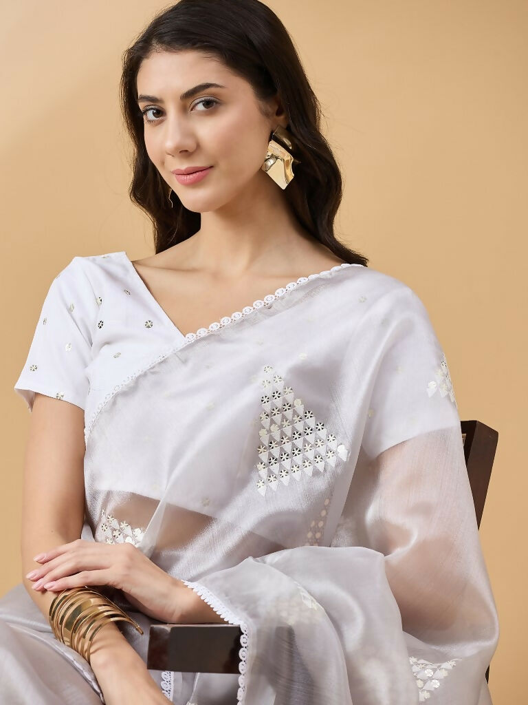 Grey Tissue Slub Embroidered Saree with Unstitched Blouse - Vairagi | Grocsy