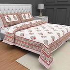 Jaipuri Hand Printed Floral 144TC Cotton DoubleQueen Bedsheet with 2 Pillow Covers | Grocsy