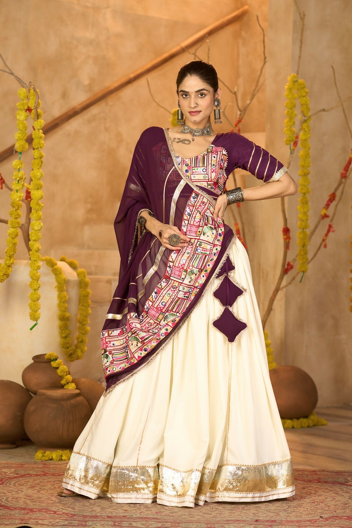 AI Fashion Off White Crepe Designer Navratri Wear Lehenga Choli Collection | Grocsy