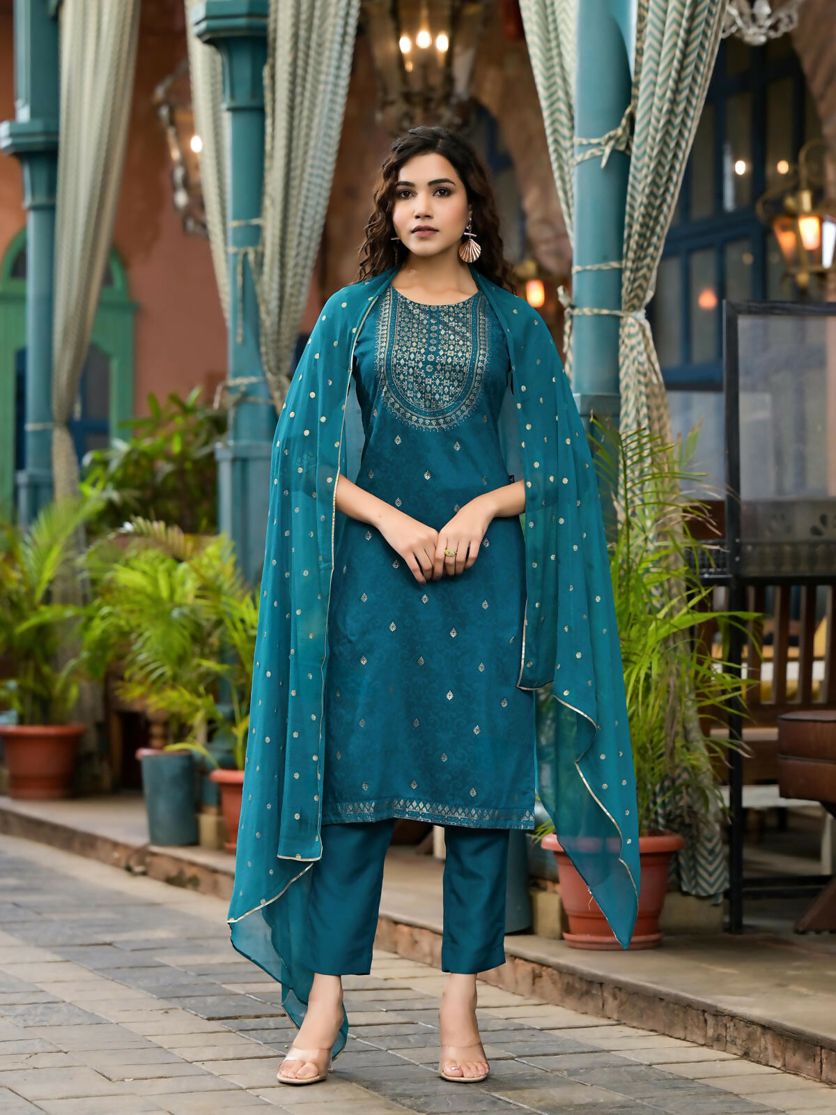 Juniper Women's Blue Ethnic Motif Printed Muslin Kurta Set With Zari Work & Gota Patti | Grocsy