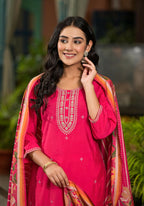 Juniper Women's Fuchsia Floral Printed Viscose Kurta Pant And Dupatta Set With Zari Work | Grocsy