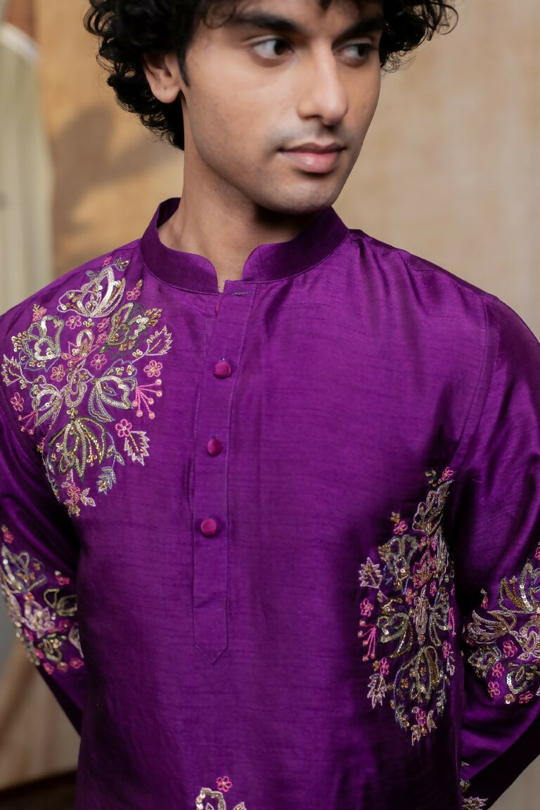 Falling Raw Silk Purple Mayura Cham Set By Hilo Design | Grocsy