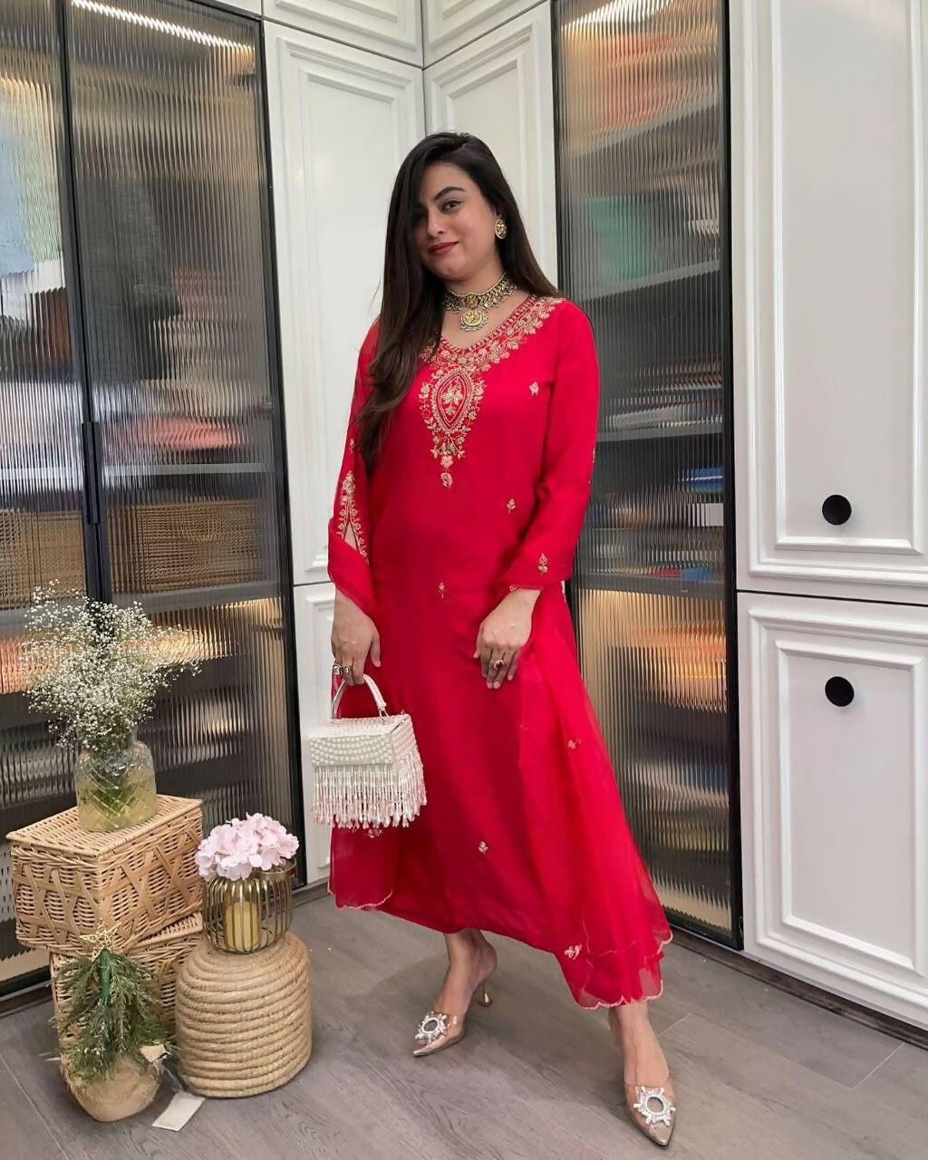 The52 Red Beautiful Embroidered Rayon Fabric Straight Kurta Pant with Dupatta Set | Grocsy