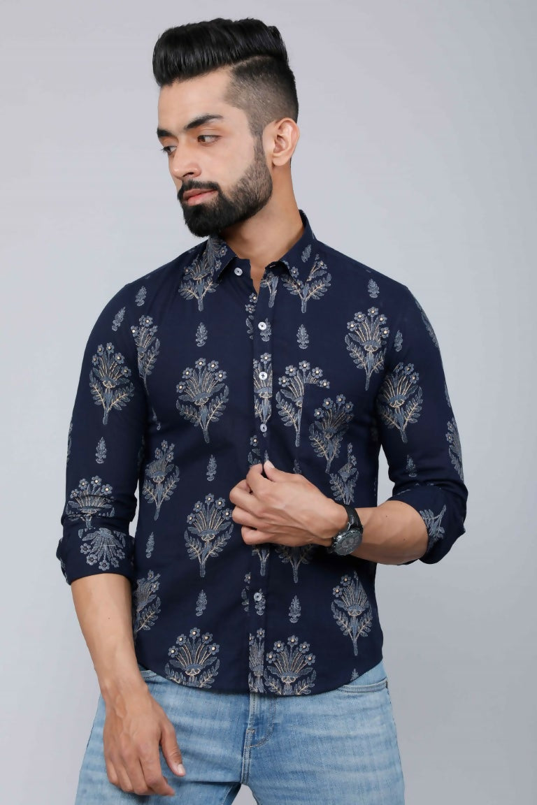 Miravan Men's Blue Spread Collar Floral Print Shirt | Grocsy